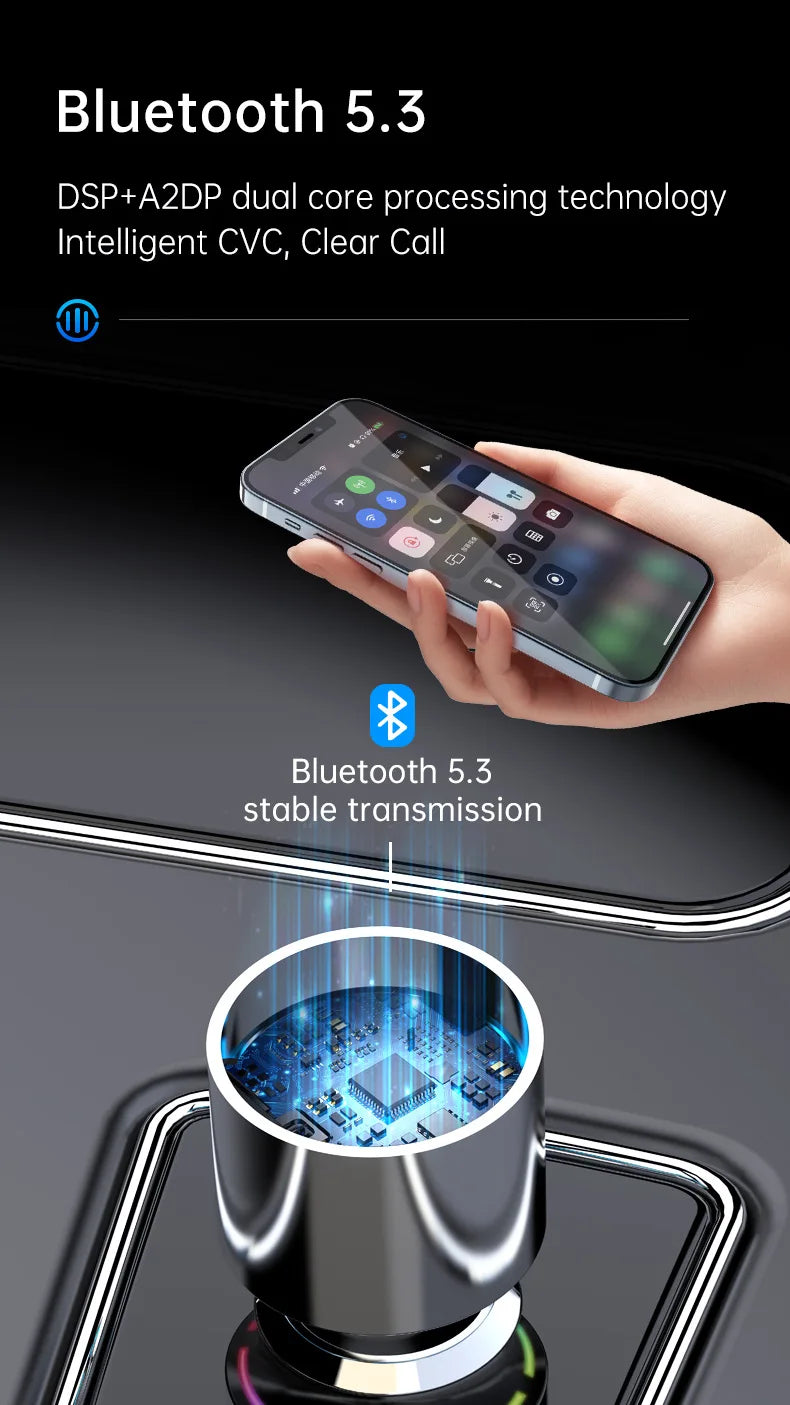 A hand holds a smartphone near a Bluetooth 5.3 transmitter device for car audio transmission.