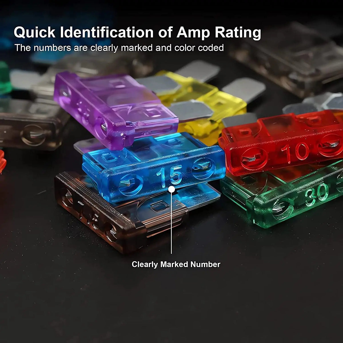 A close-up photo showing various color-coded automotive blade fuses with clearly marked numbers.