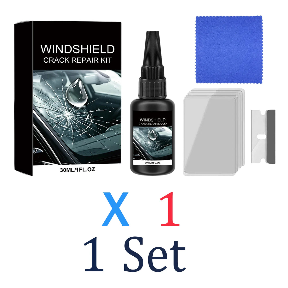 A kit for windshield crack repair including a liquid, applicator, and cleaning wipe.