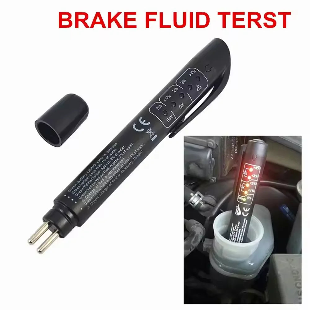 A black brake fluid tester device with a connector is shown next to a bottle of brake fluid in a car interior.