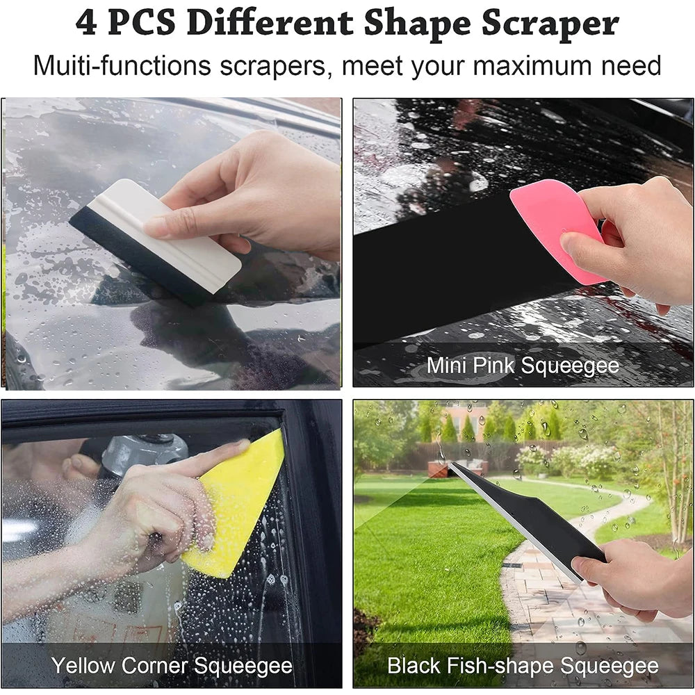 A set of four different shape scrapers including a Mini Pink Squeegee, Yellow Corner Squeegee, and Black Fish-shape Squeegee 