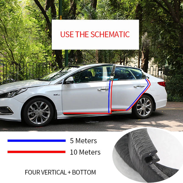 A white sedan shows a blue and red schematic diagram illustrating the placement of four vertical and bottom protectors on the