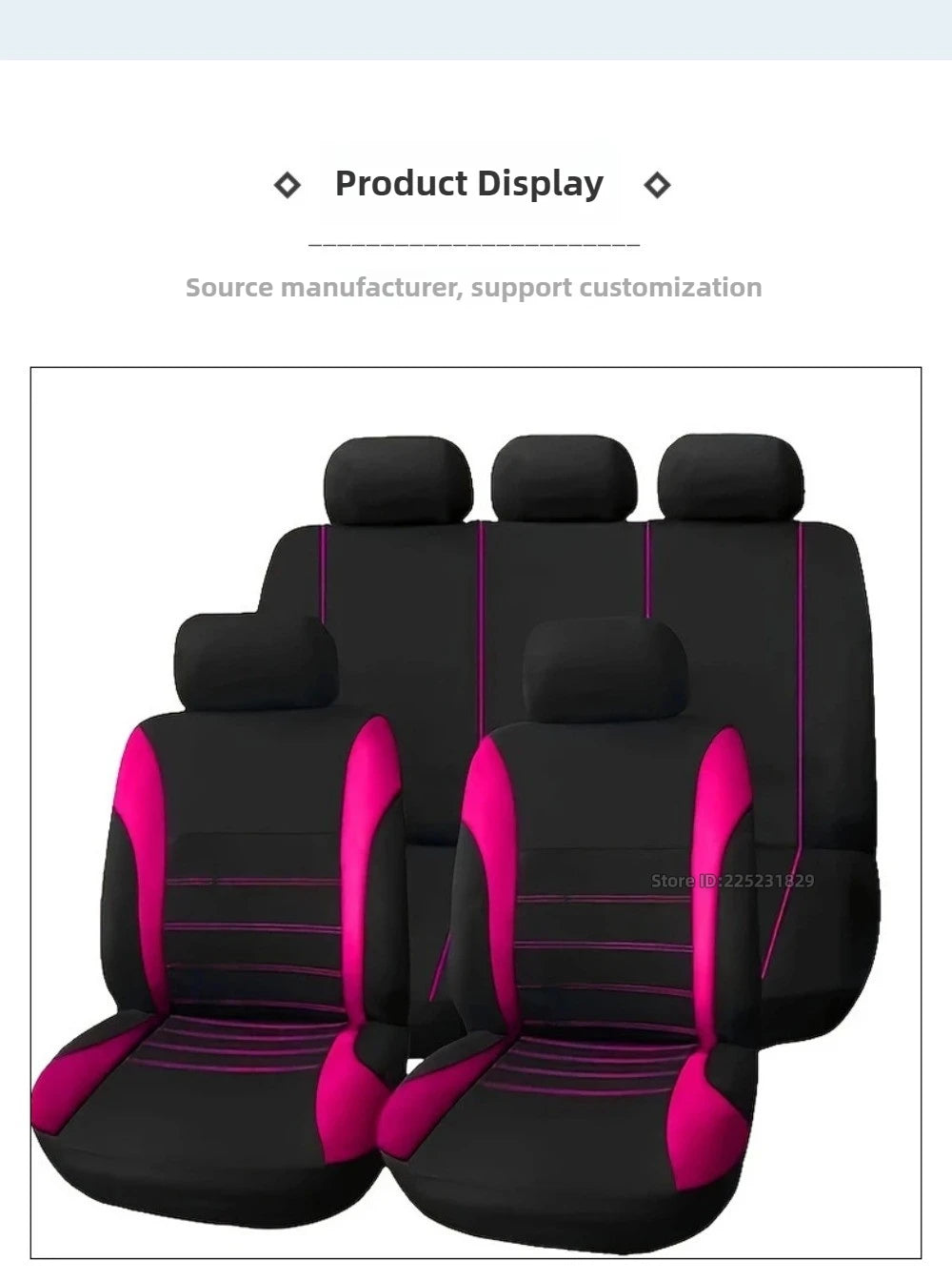 Black seat and cushion covers with pink accents displayed for customization.