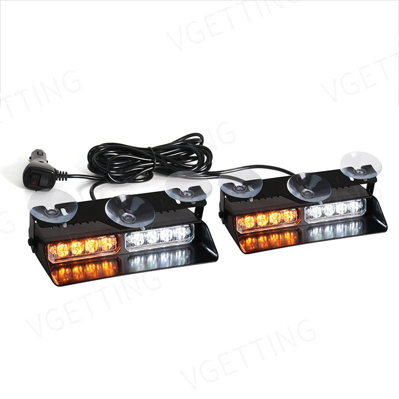 Une paire de lumières stroboscopiques LED noires montées sur une base noire, connectées par un fil.