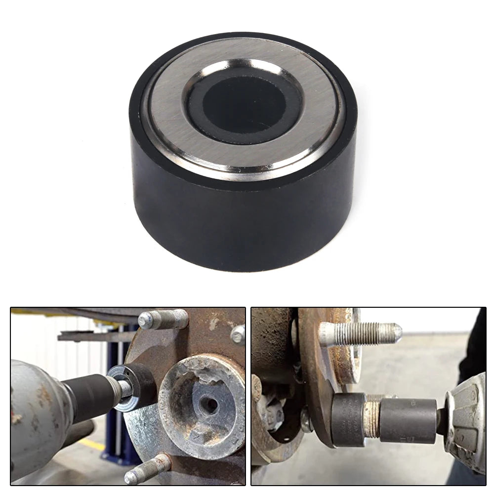 Close-up view of a black and silver universal wheel stud replacement tool.