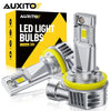 A box and a silver LED light bulb are shown, packaged for universal plug and play car headlight bulbs.