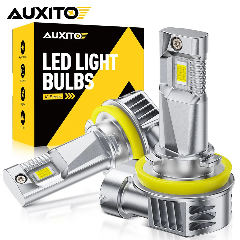 A box and a silver LED light bulb are shown, packaged for universal plug and play car headlight bulbs.