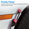 Close-up of a billet aluminum quick release fastener securing a front bumper to a car panel.