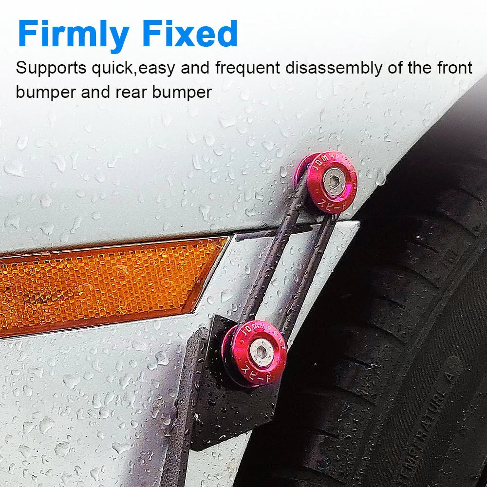 Close-up of a billet aluminum quick release fastener securing a front bumper to a car panel.