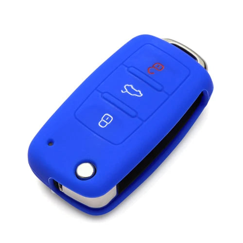 Blue silicone car key cover for Volkswagen models with a silver key inside