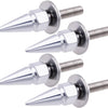 A set of four silver metal license plate fixing pins with pointed tips and threaded shafts.