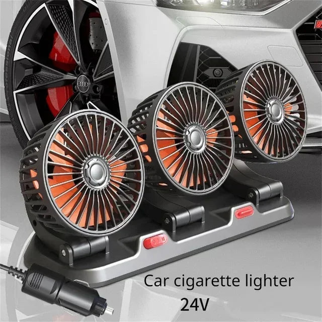 A set of three adjustable car cooling fans with orange blades and a 24V power connector displayed on a silver platform.