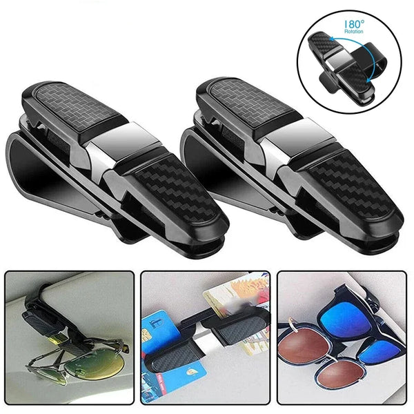 Black universal car glasses holder clip designed to secure sunglasses and eyeglasses for transport