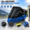 Black and blue all-weather motorcycle cover featuring waterproof fabric, durable stitching, reflective strips, and a front wh