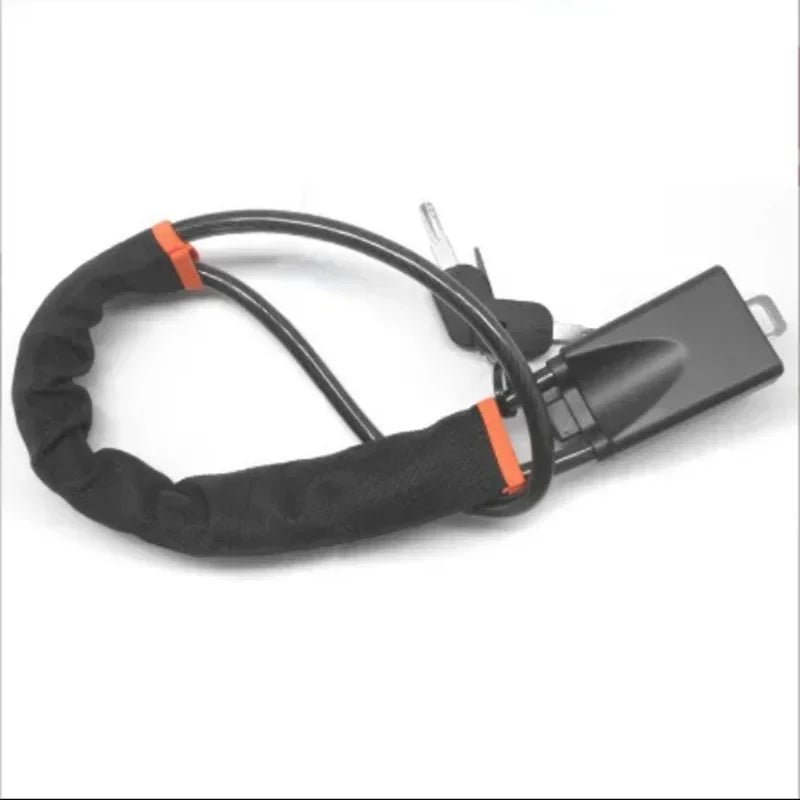 Black anti-theft device with a strap and clip for securing vehicle steering wheel or seat belt.