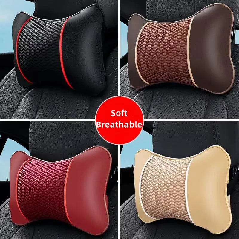 Four views of a soft breathable universal car headrest pillow for neck comfort in various colors.