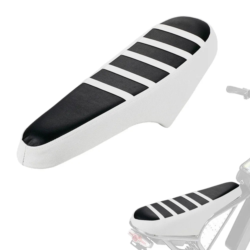 A black and white striped motorcycle seat cover for e-bikes and scooters.