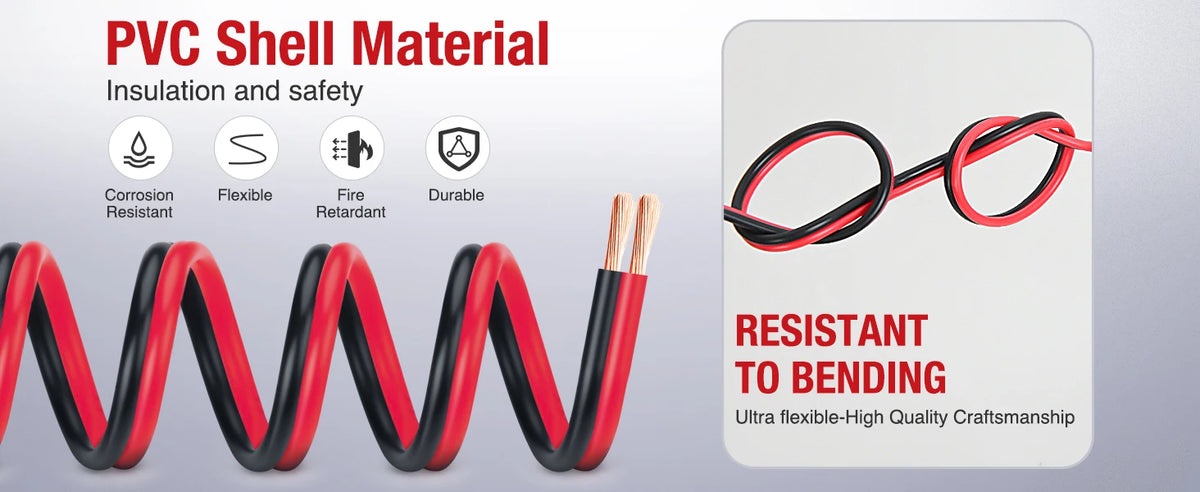 A close-up of red and black PVC shell insulation wire demonstrating resistance to bending.
