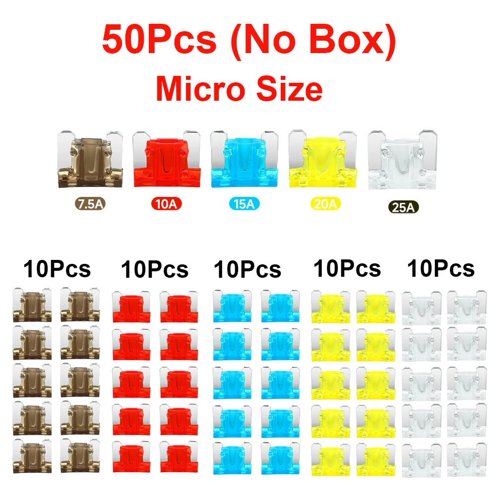 Assortment kit of micro size blade fuses in various amperage ratings like 7.5A, 10A, 15A, 20A, and 25A