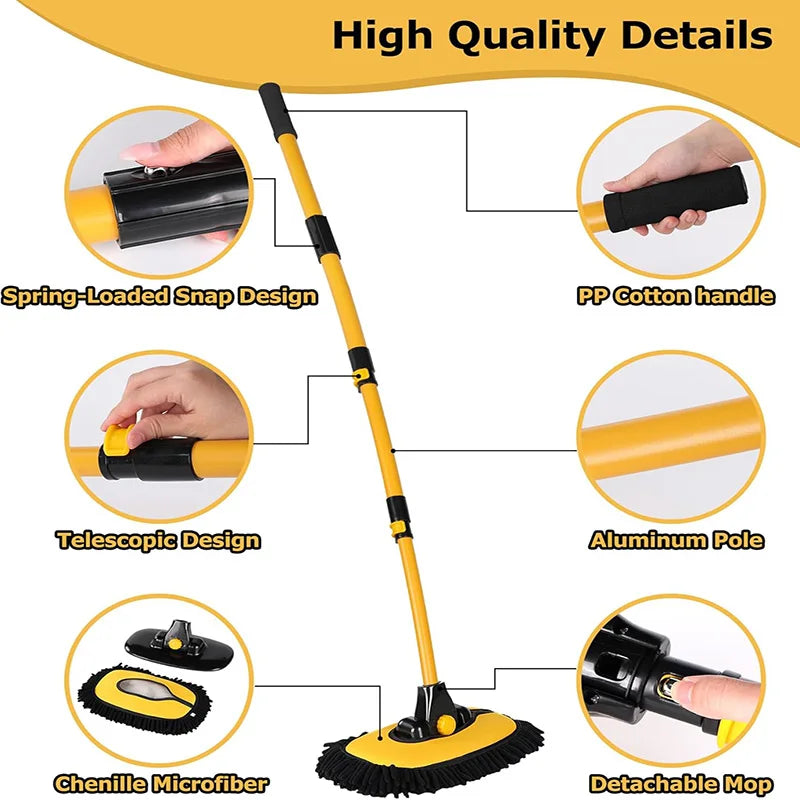 A yellow telescoping mop with a black handle and yellow head, featuring a spring-loaded snap design and aluminum pole.