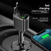 A black universal car charger with a retractable cable is shown plugged into a smartphone.