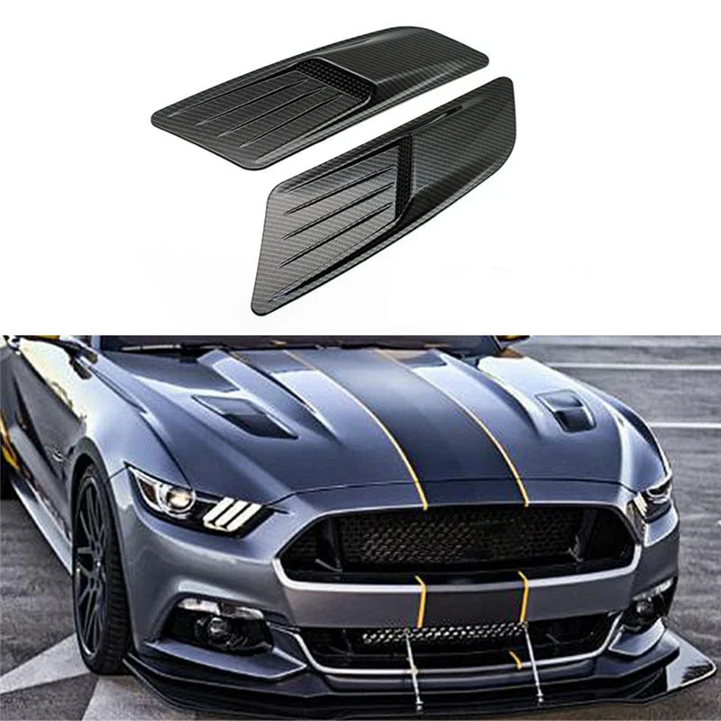 Black retrofit false air outlet hood for a Ford Mustang shown in detail.