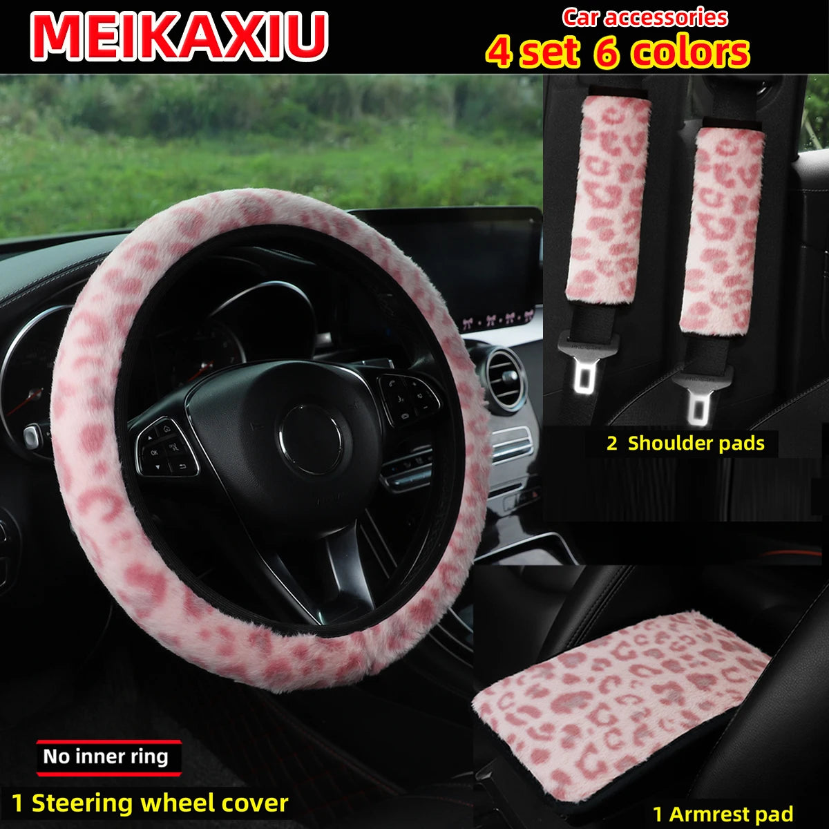 A set of six leopard print plush car accessories including a steering wheel cover and shoulder pads shown in a car interior.