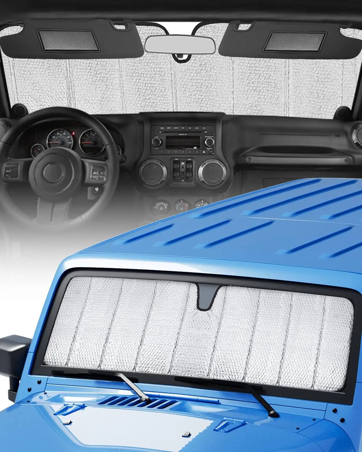 A blue Jeep or Gladiator vehicle with a white foldable windshield sunshade installed.