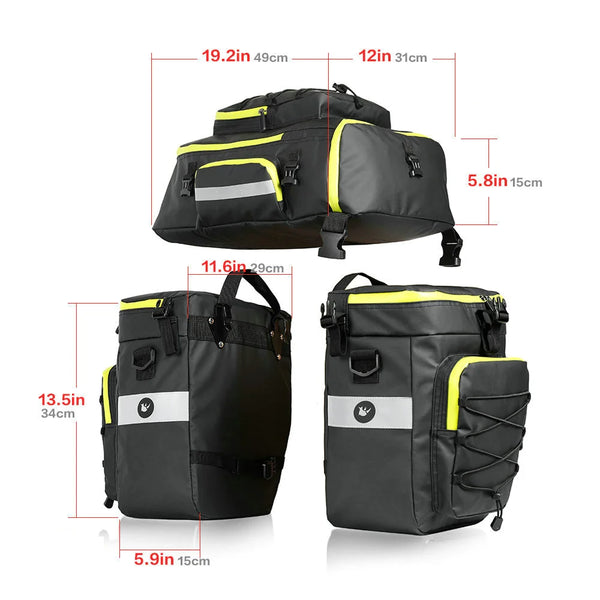 Un juego de tres bolsas para la parte trasera de bicicleta de montaña negro y amarillo con sus dimensiones.