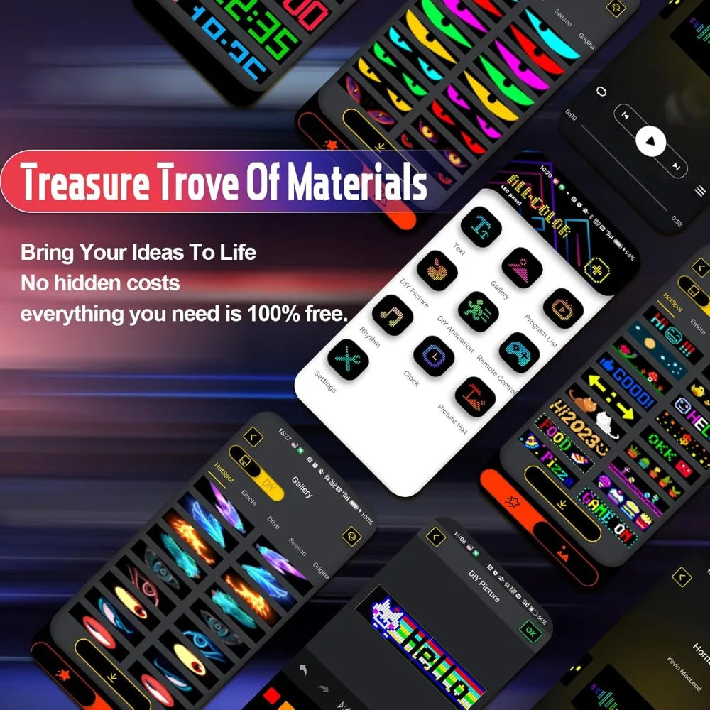 A collection of dynamic RGB LED matrix lights and digital displays for vehicle decoration.