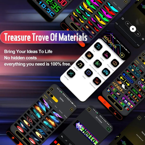 A collection of dynamic RGB LED matrix lights and digital displays for vehicle decoration.