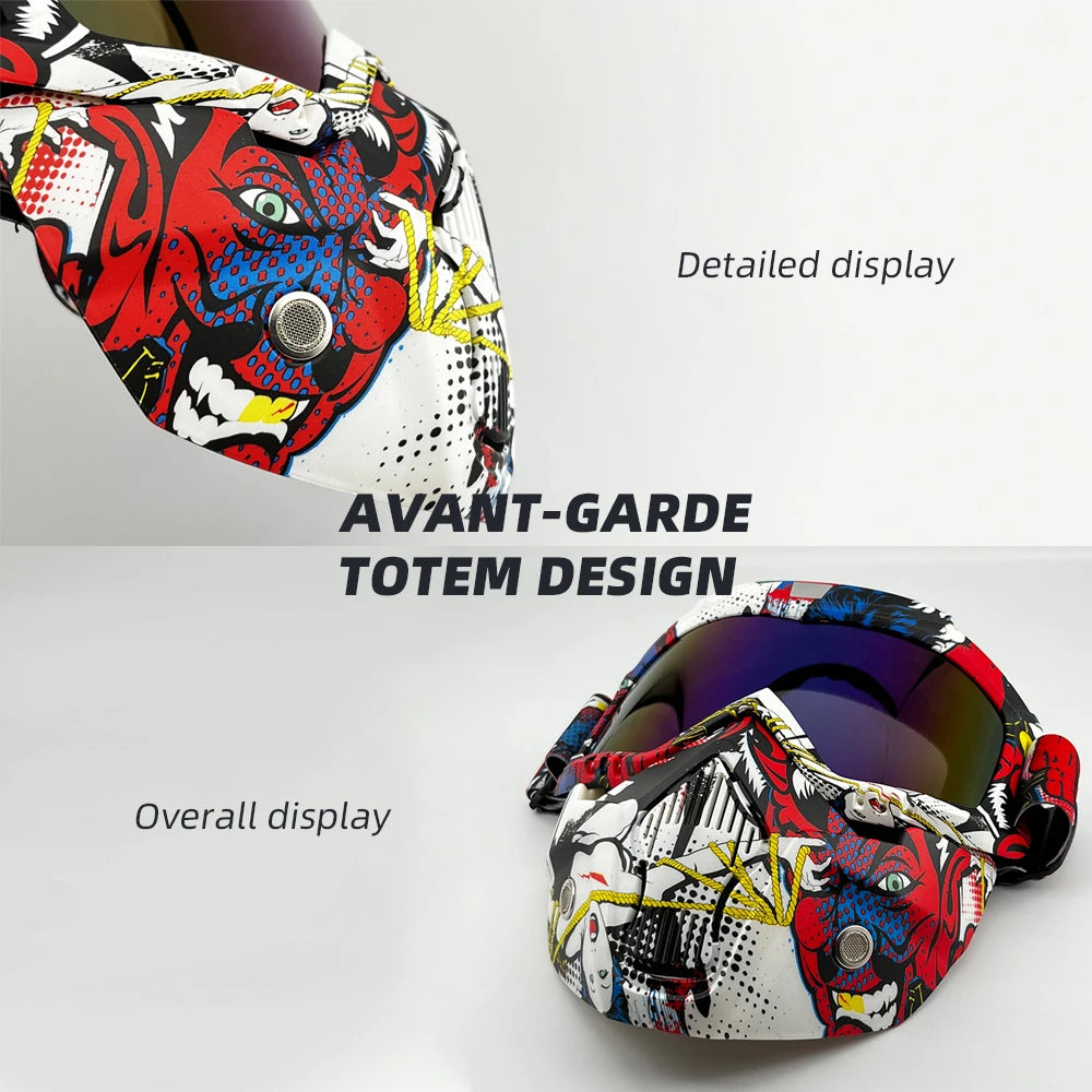 Tactical full face motorcycle goggles featuring a red and black tiger design with colored lenses