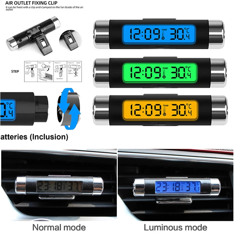 A digital clock and thermometer device showing time, temperature, and battery status in normal and luminous modes.