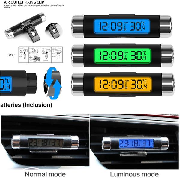 A digital clock and thermometer device showing time, temperature, and battery status in normal and luminous modes.