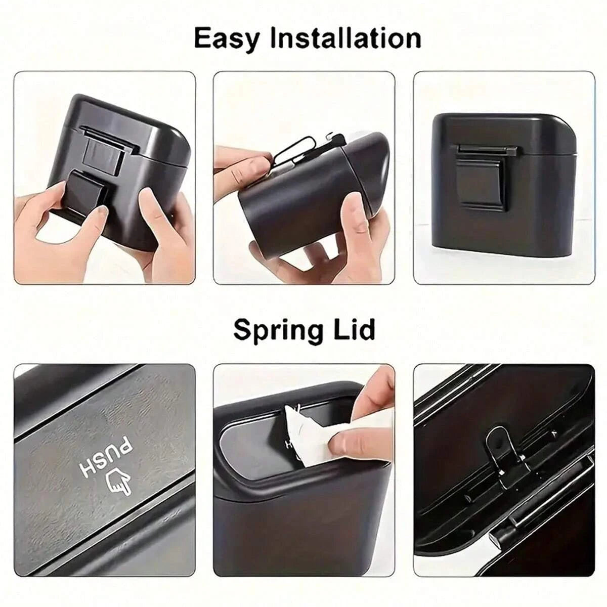 Demonstration of easy installation and spring lid features for a portable car trash can.