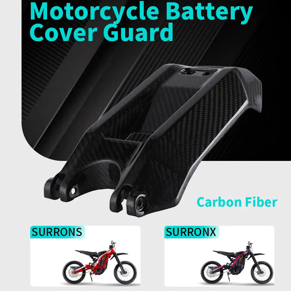Cubierta protectora de batería para motocicleta de fibra de carbono negra, mostrada con motocicletas Surrons y Surronx.