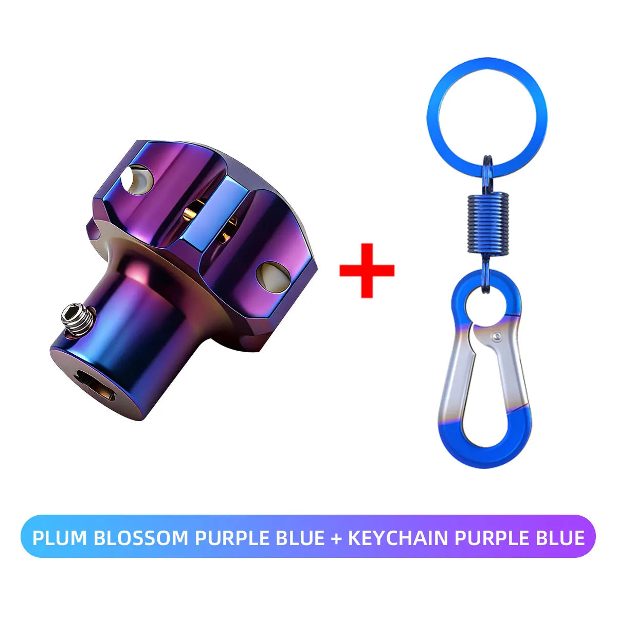 A purple and blue titanium key head cover with a keychain attached.