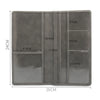 A grey leather document and ID holder with multiple internal pockets and measurements displayed.