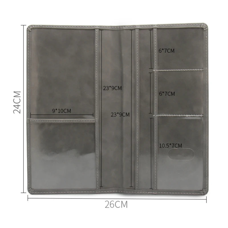 A grey leather document and ID holder with multiple internal pockets and measurements displayed.