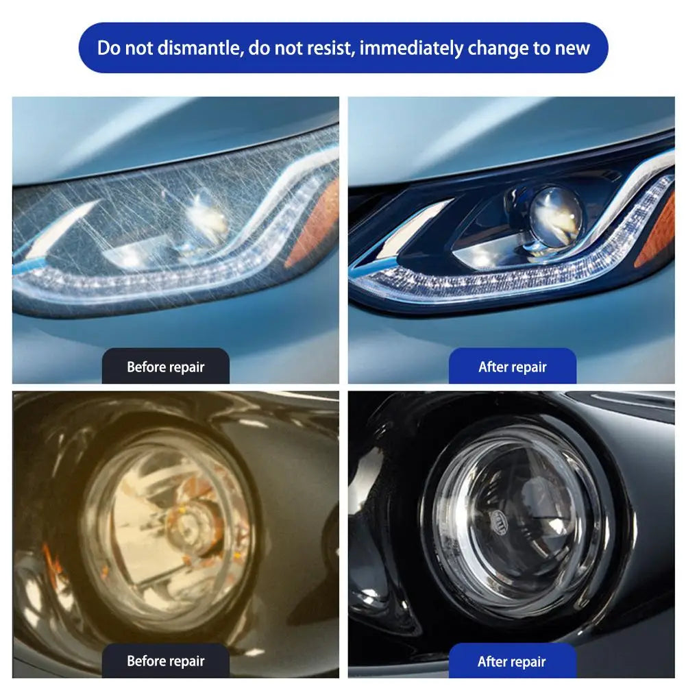 Images avant et après montrant la restauration des phares de voiture.