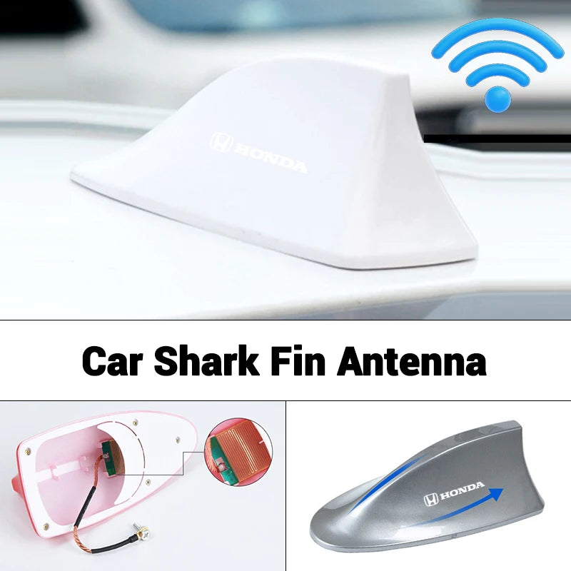 A silver shark fin antenna for a Honda car, shown next to its disassembled components.
