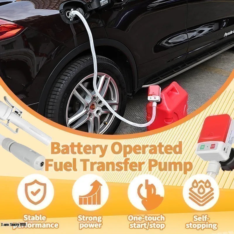A red battery operated fuel transfer pump is shown next to a black car wheel, highlighting its stable performance and self-st