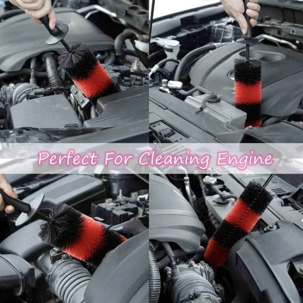 Un jeu de brosses nettoyantes à long manche pour nettoyer un moteur.