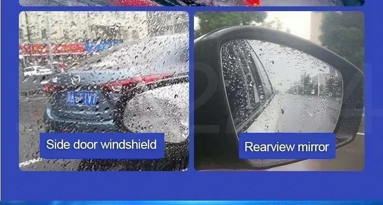 Two images showing a side door windshield and a rearview mirror covered in water droplets from a rain repellent spray.