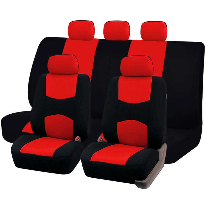 A set of red and black universal fabric car seat covers, including front and rear seats.