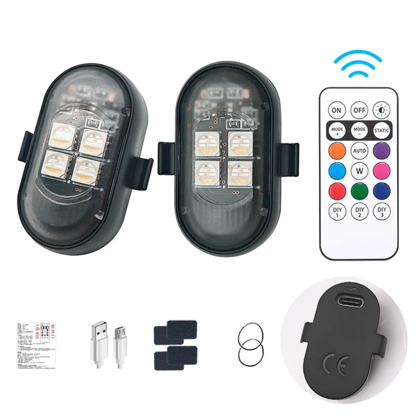 A pair of remote control RGB LED strobe lights for vehicle and party use, shown with components and a remote control.