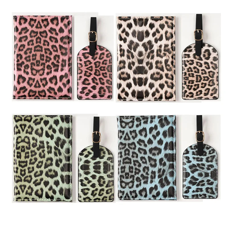 A collection of five leopard print passport holders in various shades and finishes.