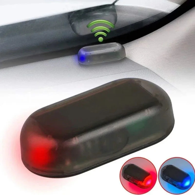 A solar powered anti-theft car warning light is shown in various forms, including a translucent sensor and a black housing wi