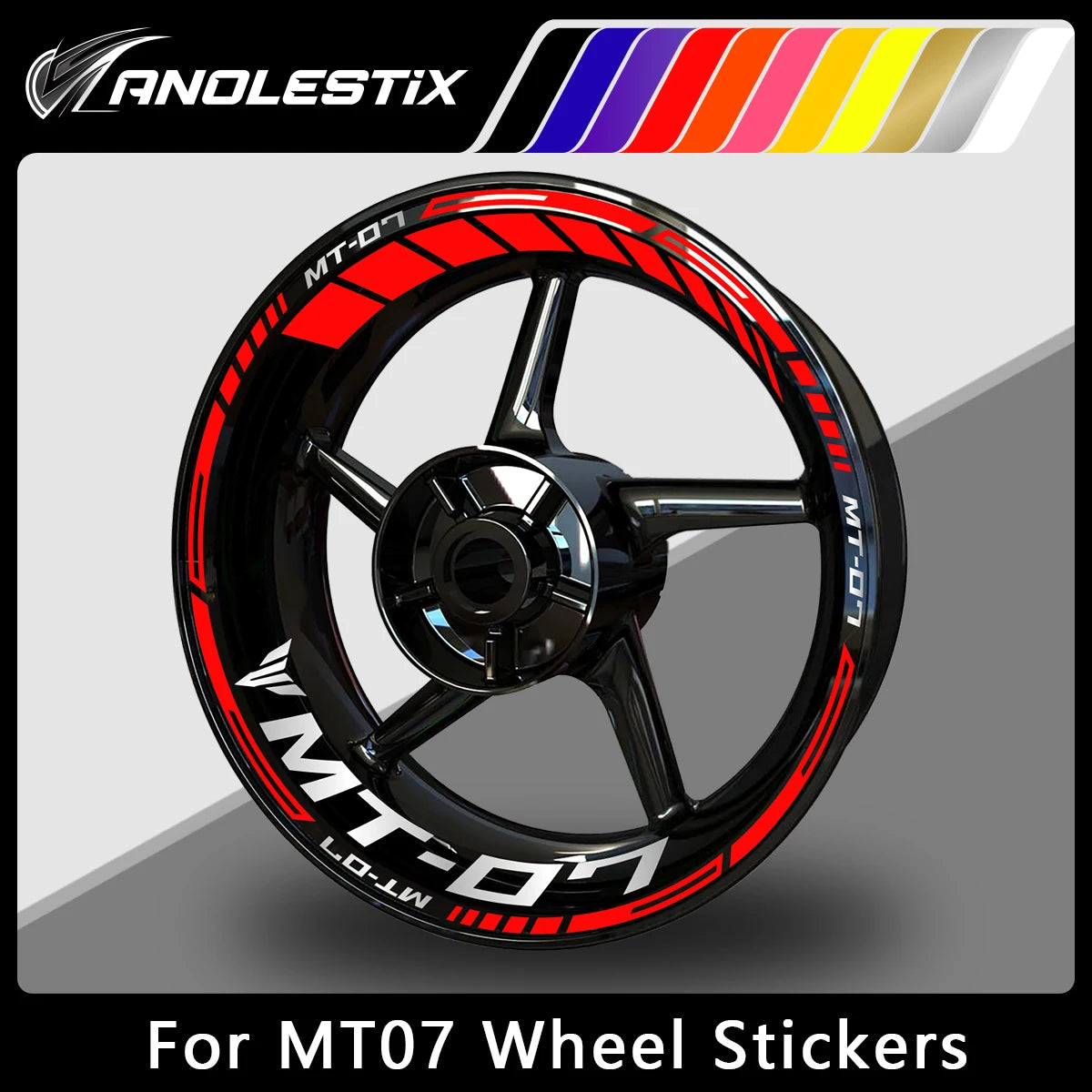 A black motorcycle wheel with red and white graphics and a yellow-to-blue color gradient bar above it, designed for decals.