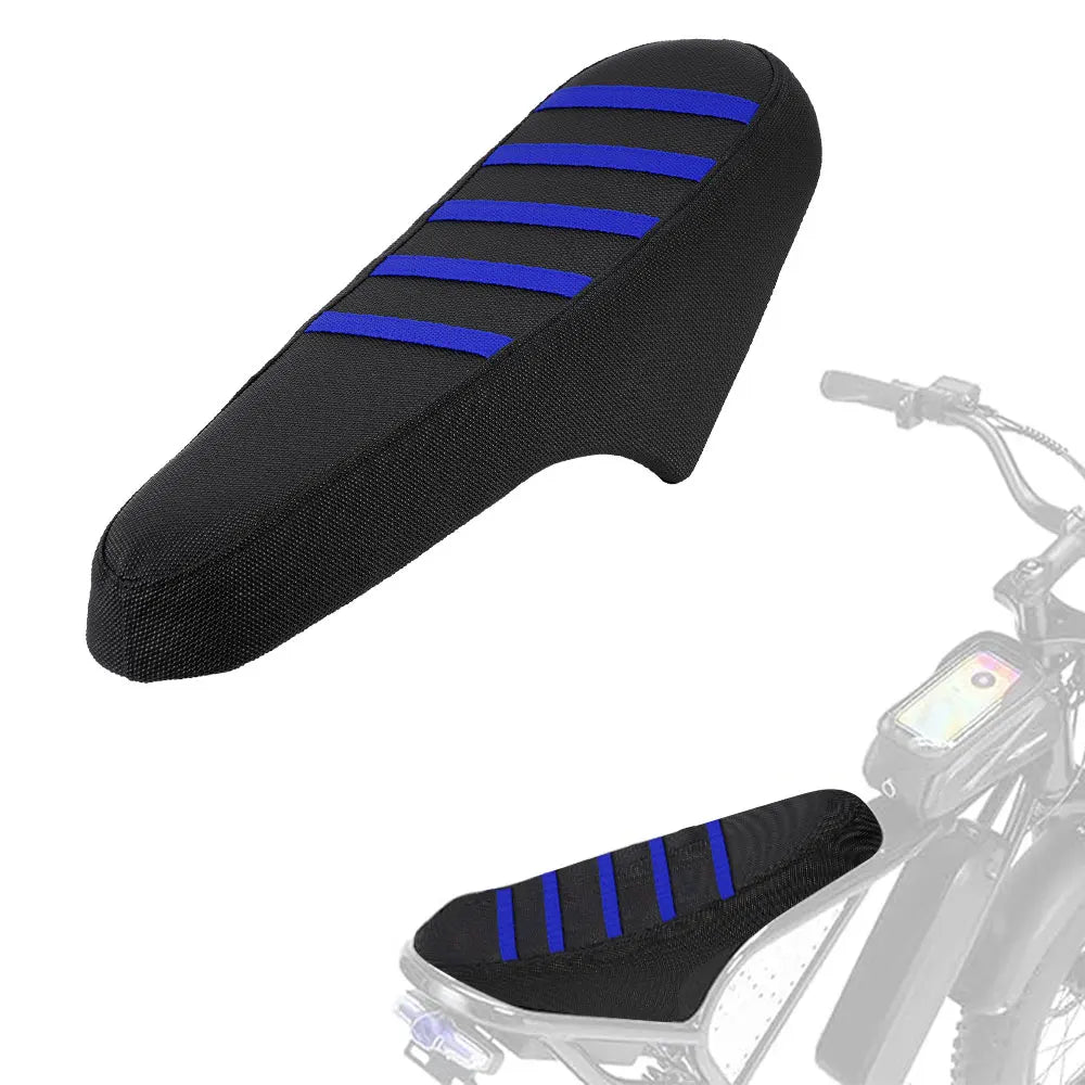 Black motorcycle seat cover with blue stripes for e-bikes and scooters